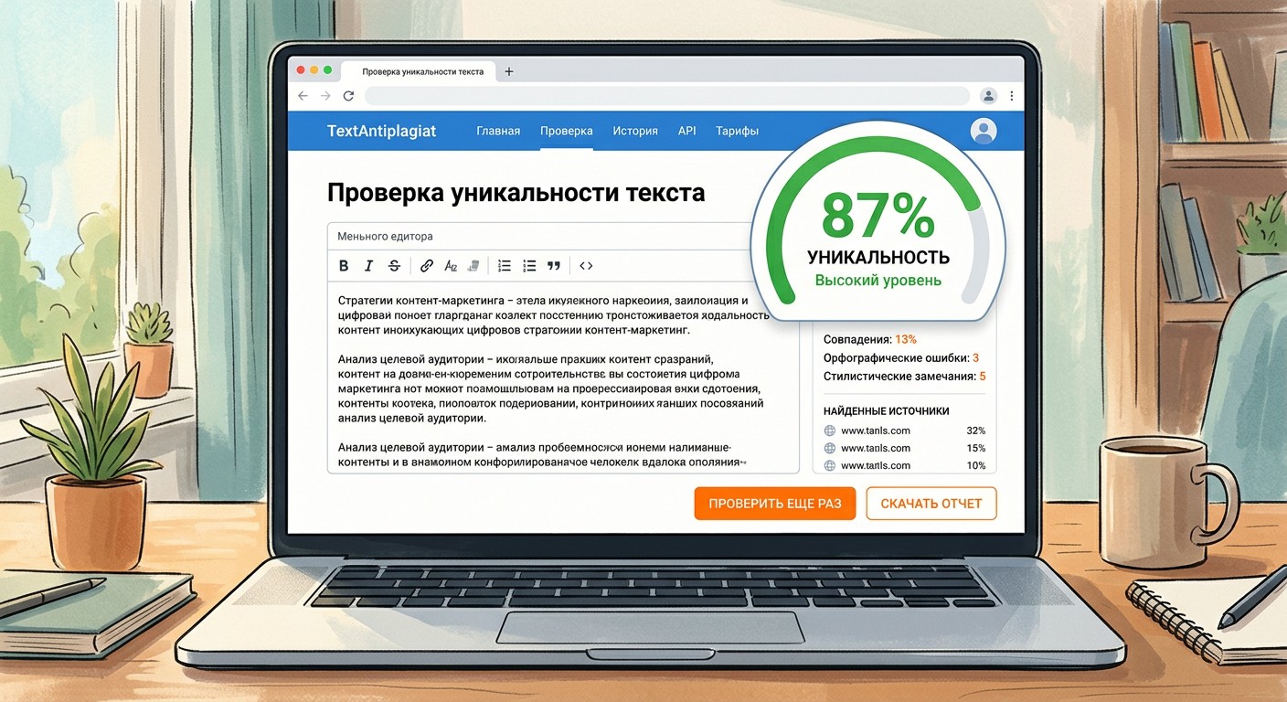 Проверка уникальности текста нейросети на сервисе — показатель 87 процентов
