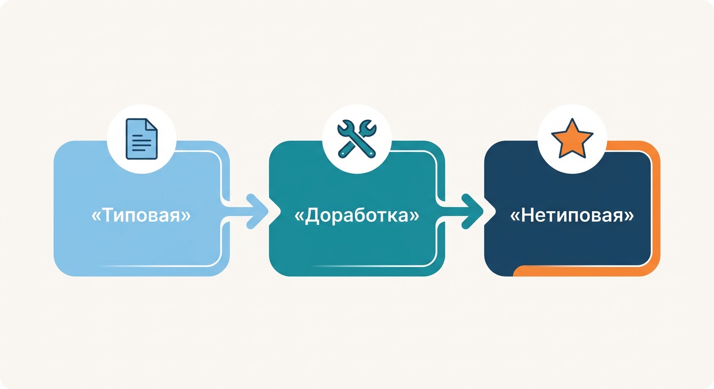 Схема перехода конфигурации 1С от типовой через доработку к нетиповой