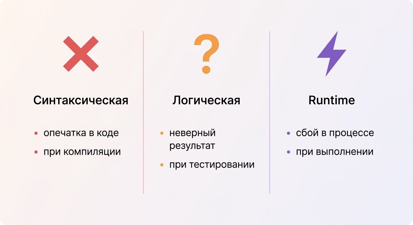 Инфографика типов ошибок в программном коде: синтаксическая, логическая, runtime