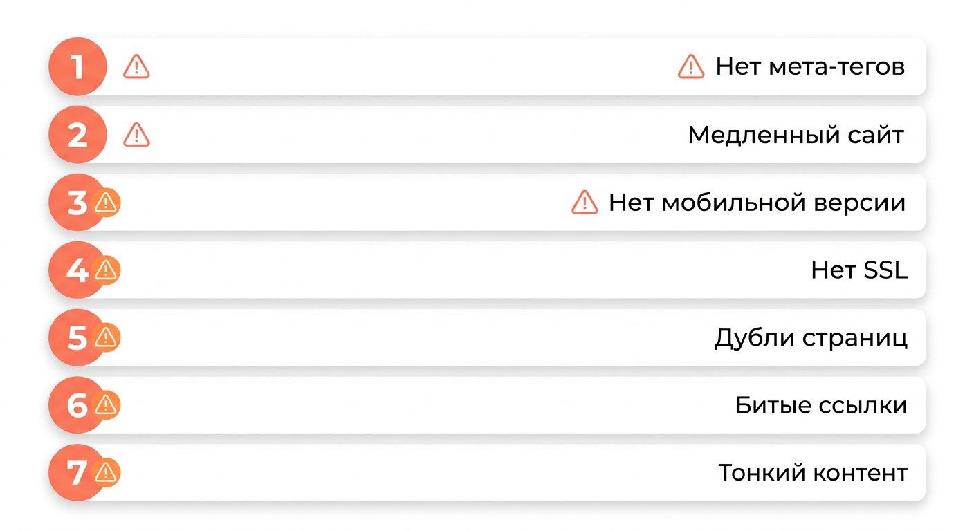 Топ-7 SEO-ошибок на сайте — инфографика с иконками и пунктами