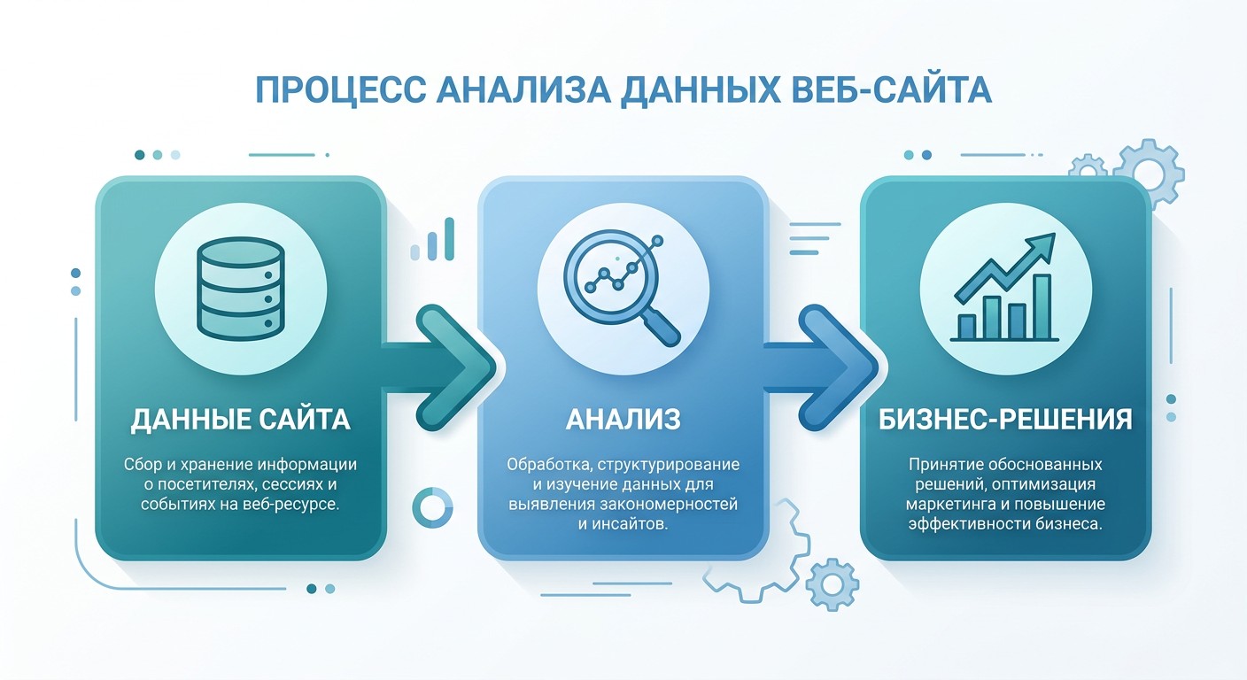 Схема потока веб-аналитики: данные сайта, анализ и бизнес-решения