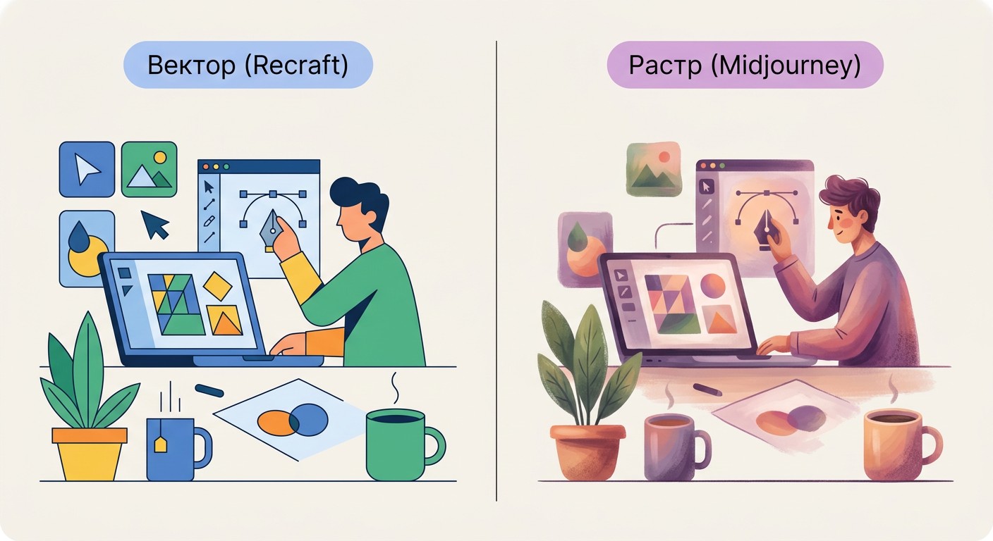 Сравнение векторной генерации Recraft и растровой иллюстрации Midjourney