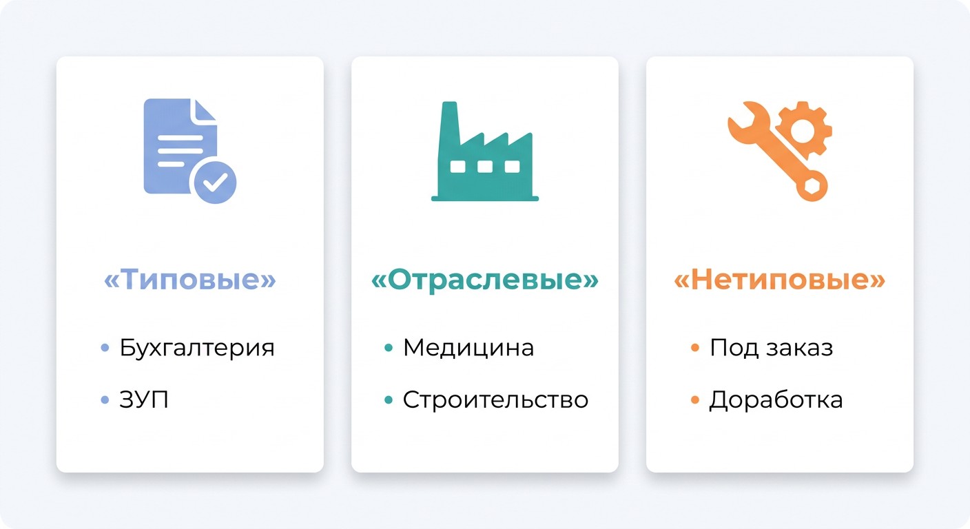 Инфографика видов конфигураций 1С: типовые, отраслевые и нетиповые