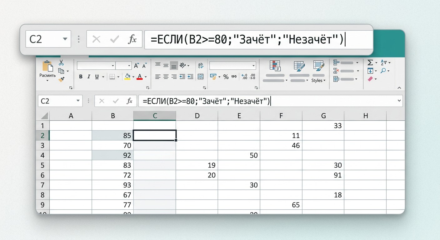 Ввод формулы ЕСЛИ в строку формул Excel — пошаговый скриншот