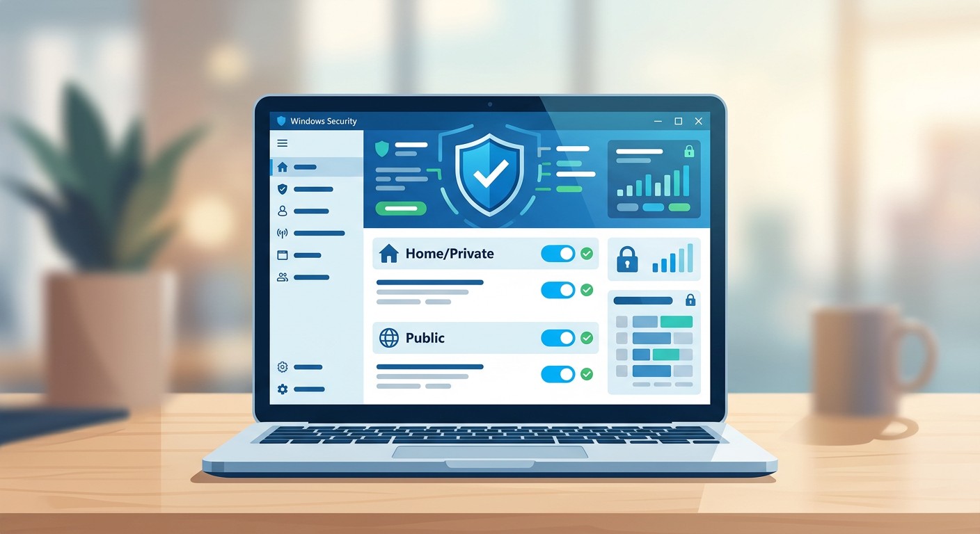 Настройки брандмауэра в разделе Windows Security на экране ноутбука