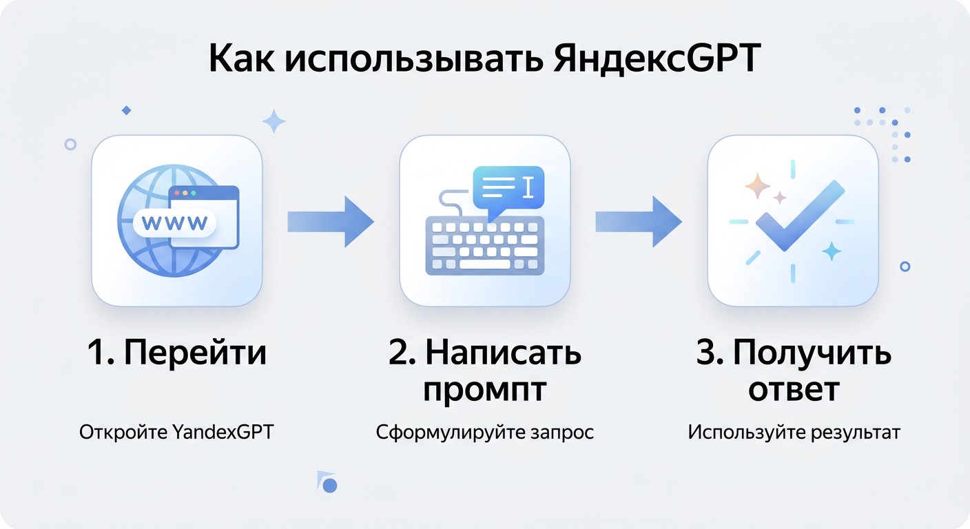 Три шага запуска YandexGPT: перейти, написать промпт, получить ответ
