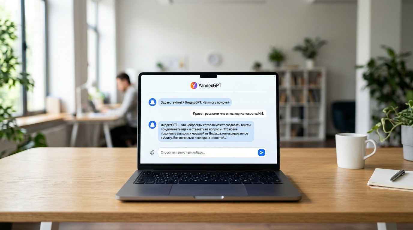 Интерфейс чата YandexGPT на экране ноутбука
