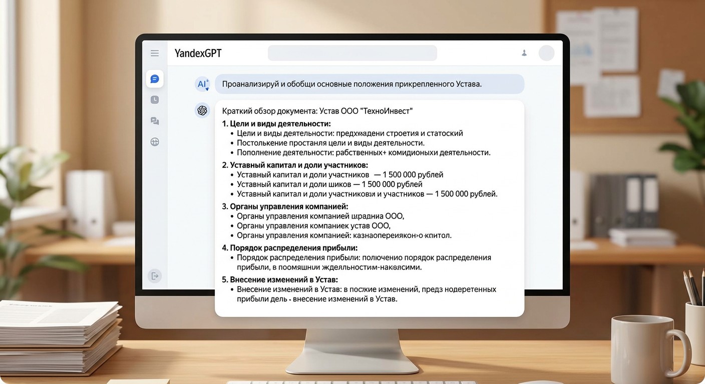 Пример резюмирования и анализа документа с помощью YandexGPT