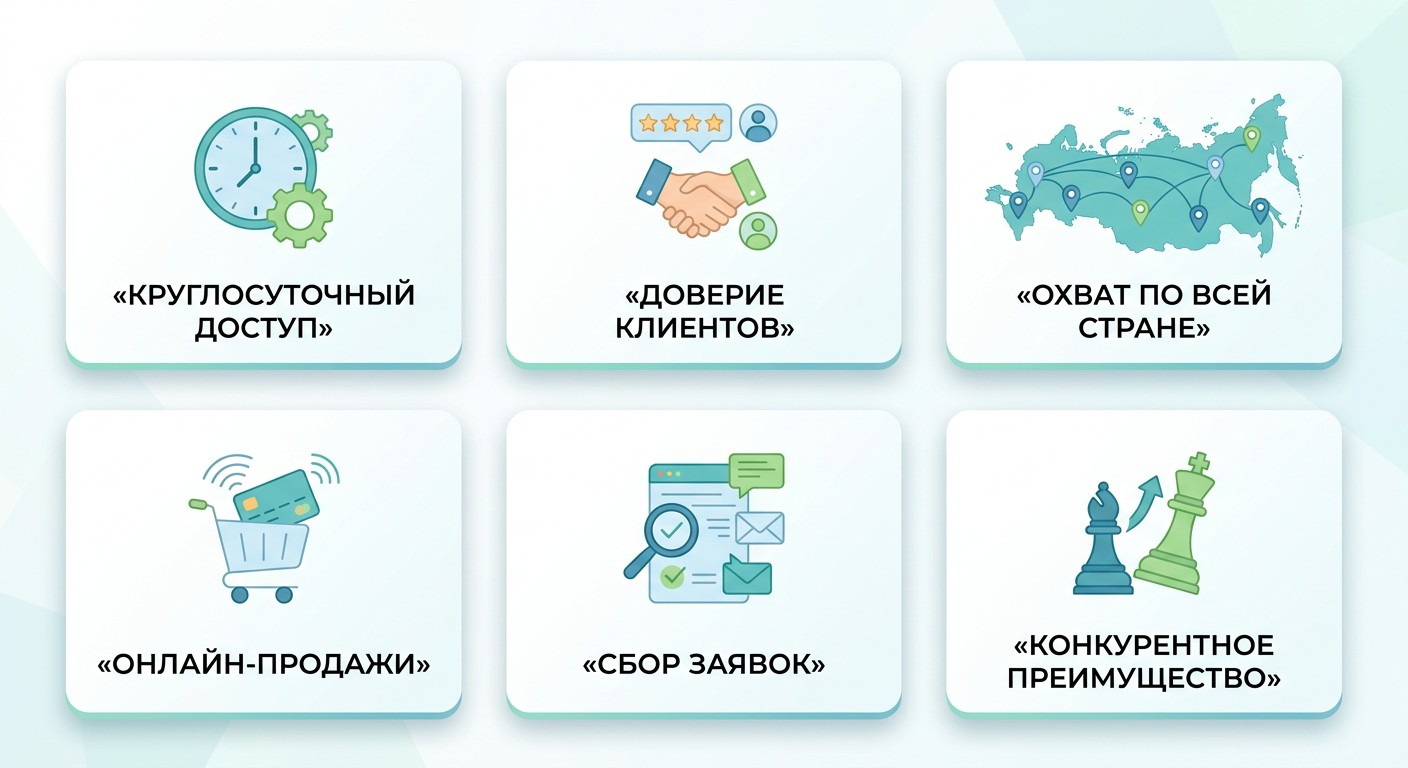 6 преимуществ сайта для бизнеса — иконки и подписи в инфографике