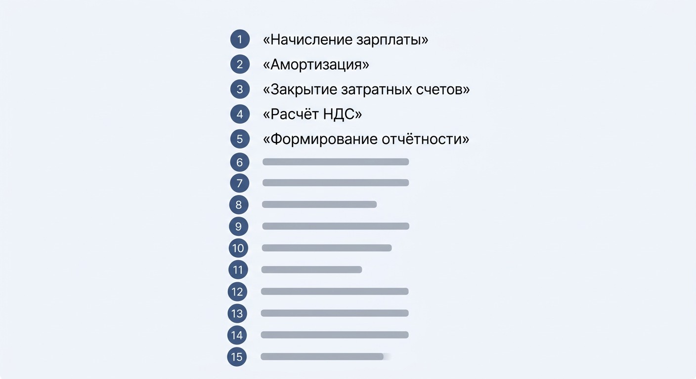 Пятнадцать шагов закрытия месяца в программе 1С:Бухгалтерия