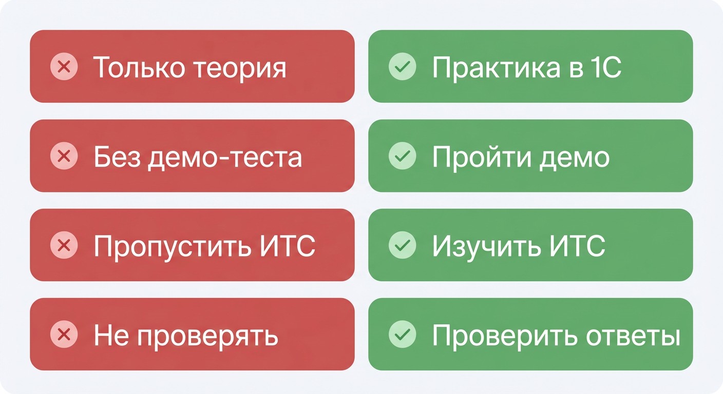 Инфографика четырёх ошибок при подготовке к экзамену 1С Профессионал