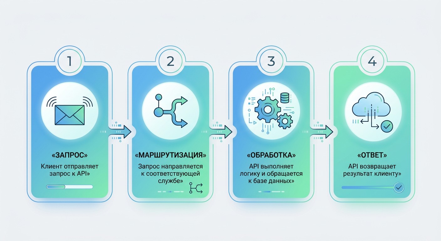 Инфографика четыре шага работы API от запроса до получения ответа