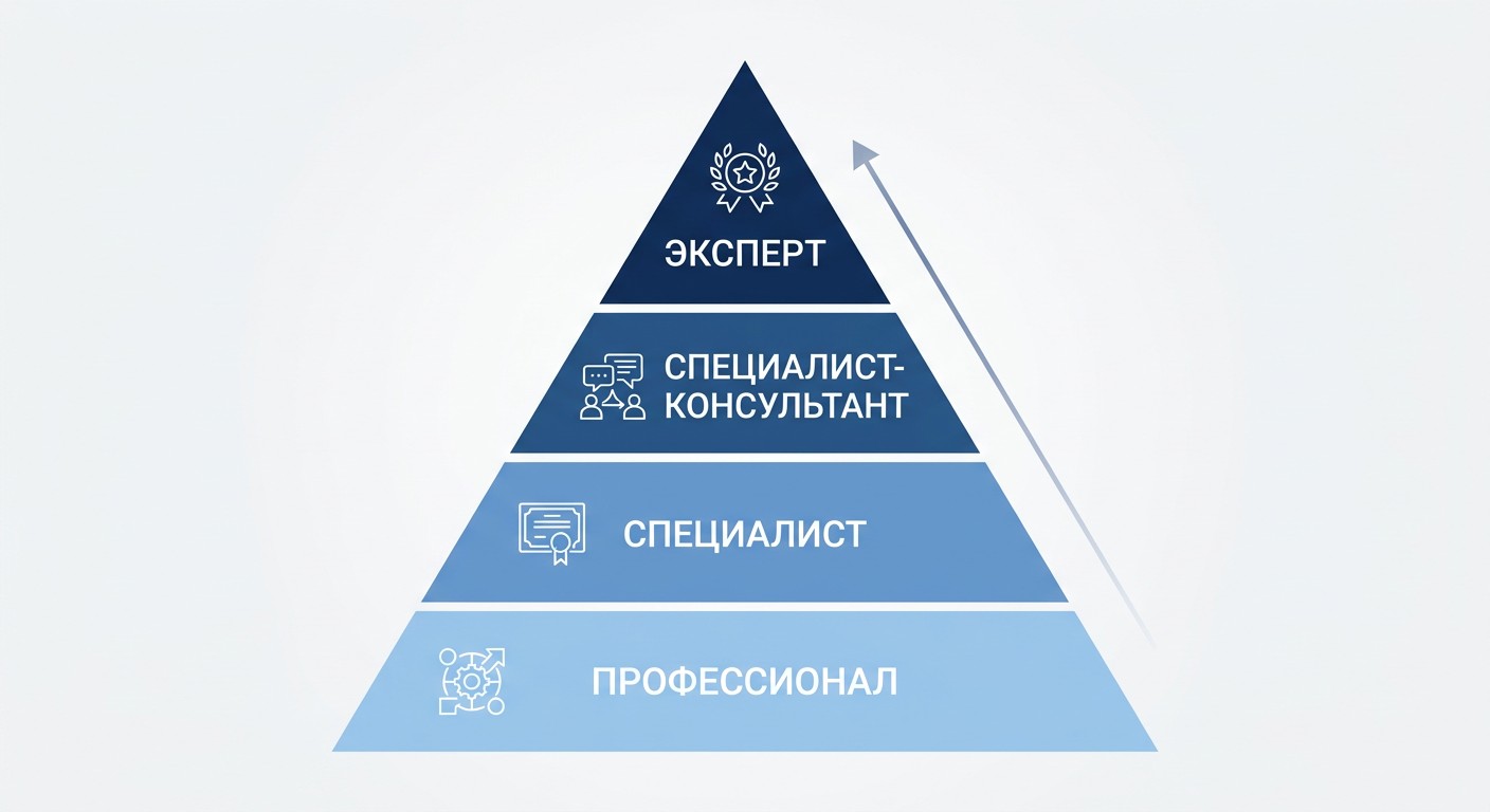 Пирамида четырёх уровней сертификации 1С — от Профессионала до Эксперта