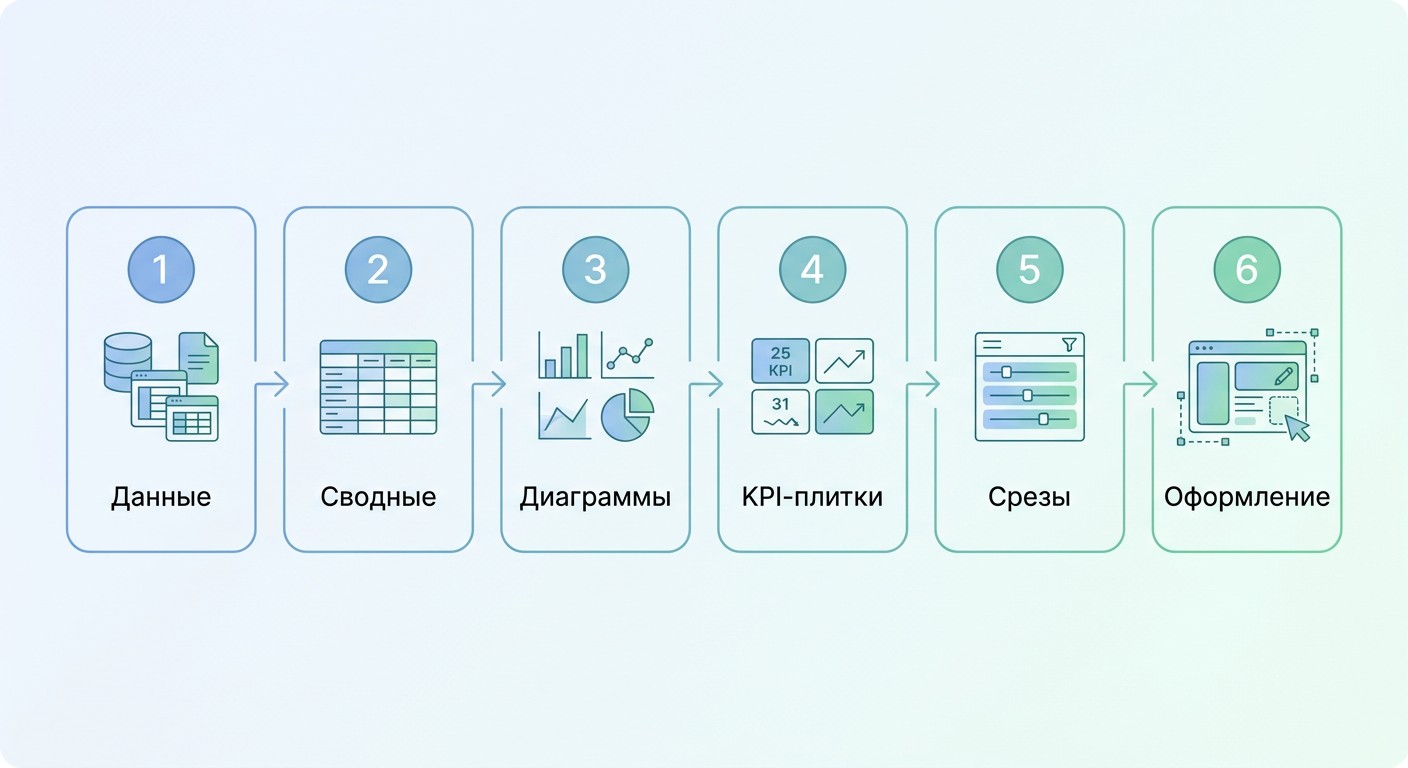 Инфографика шесть шагов создания дашборда в Excel от данных до оформления