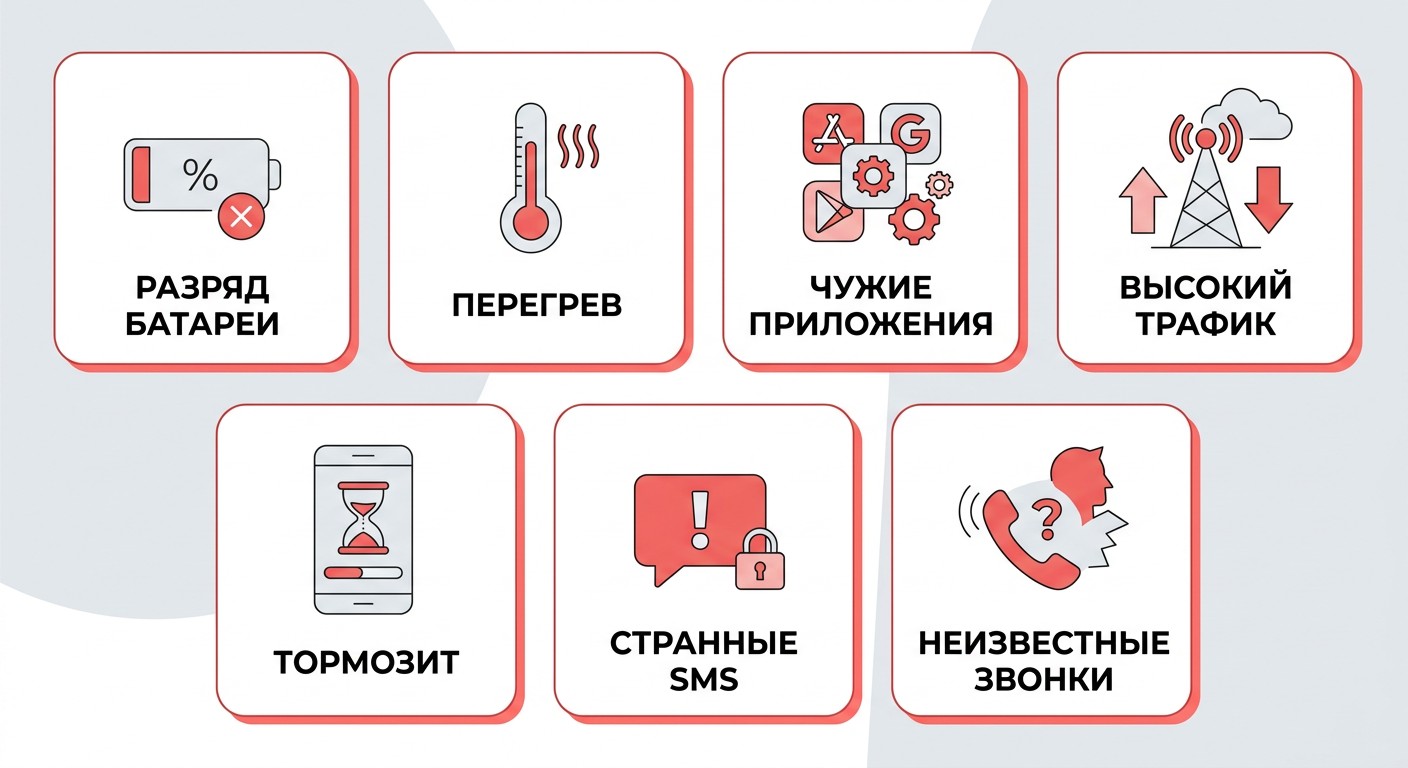 Семь признаков взлома телефона — инфографика с иконками угроз