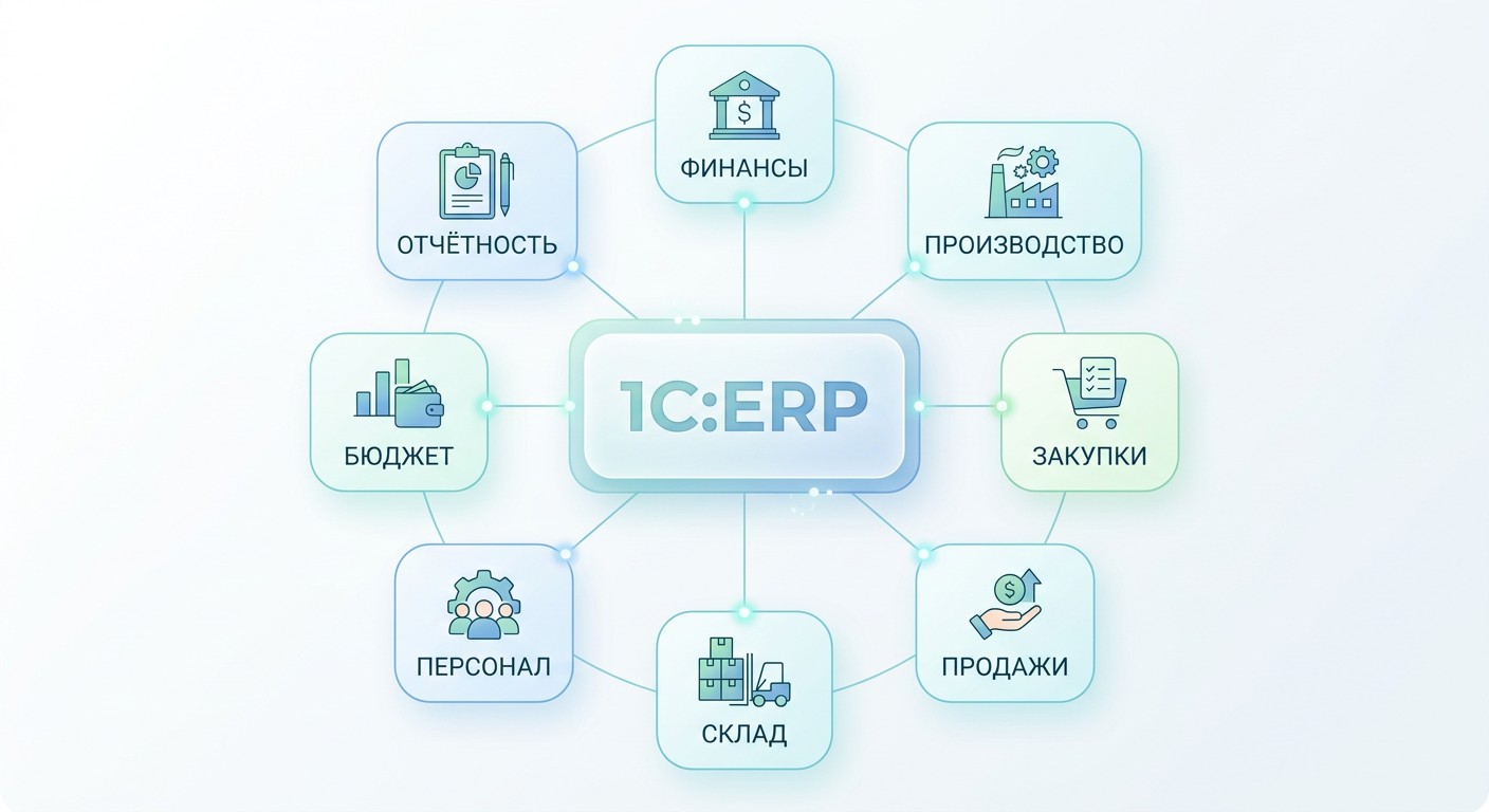 Карта 8 модулей и подсистем 1С:ERP с привязкой к ролям