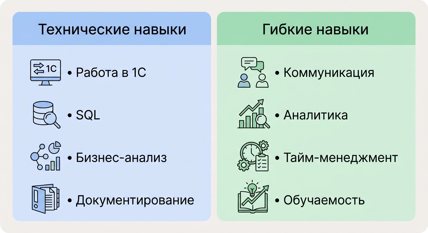 Технические и гибкие навыки аналитика 1С: сравнительная инфографика