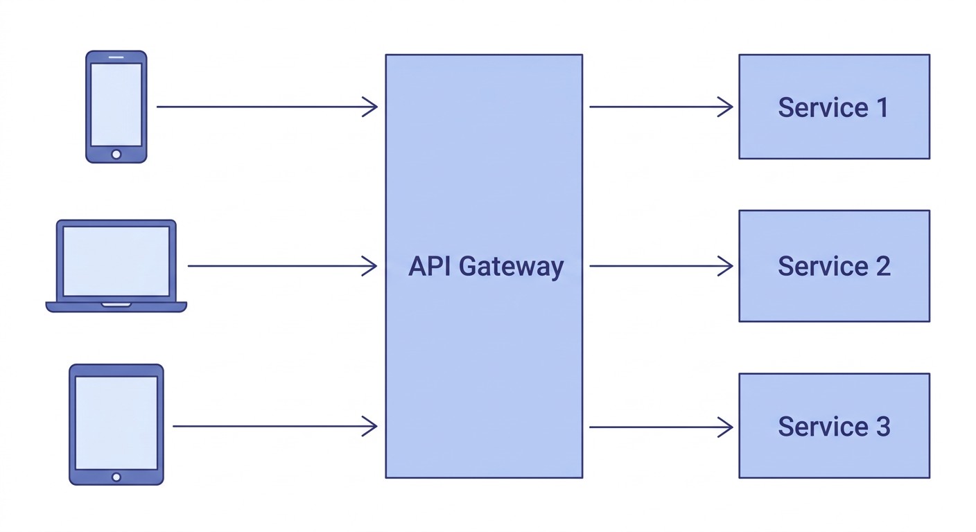 Схема API Gateway: несколько клиентов через единую точку входа к сервисам
