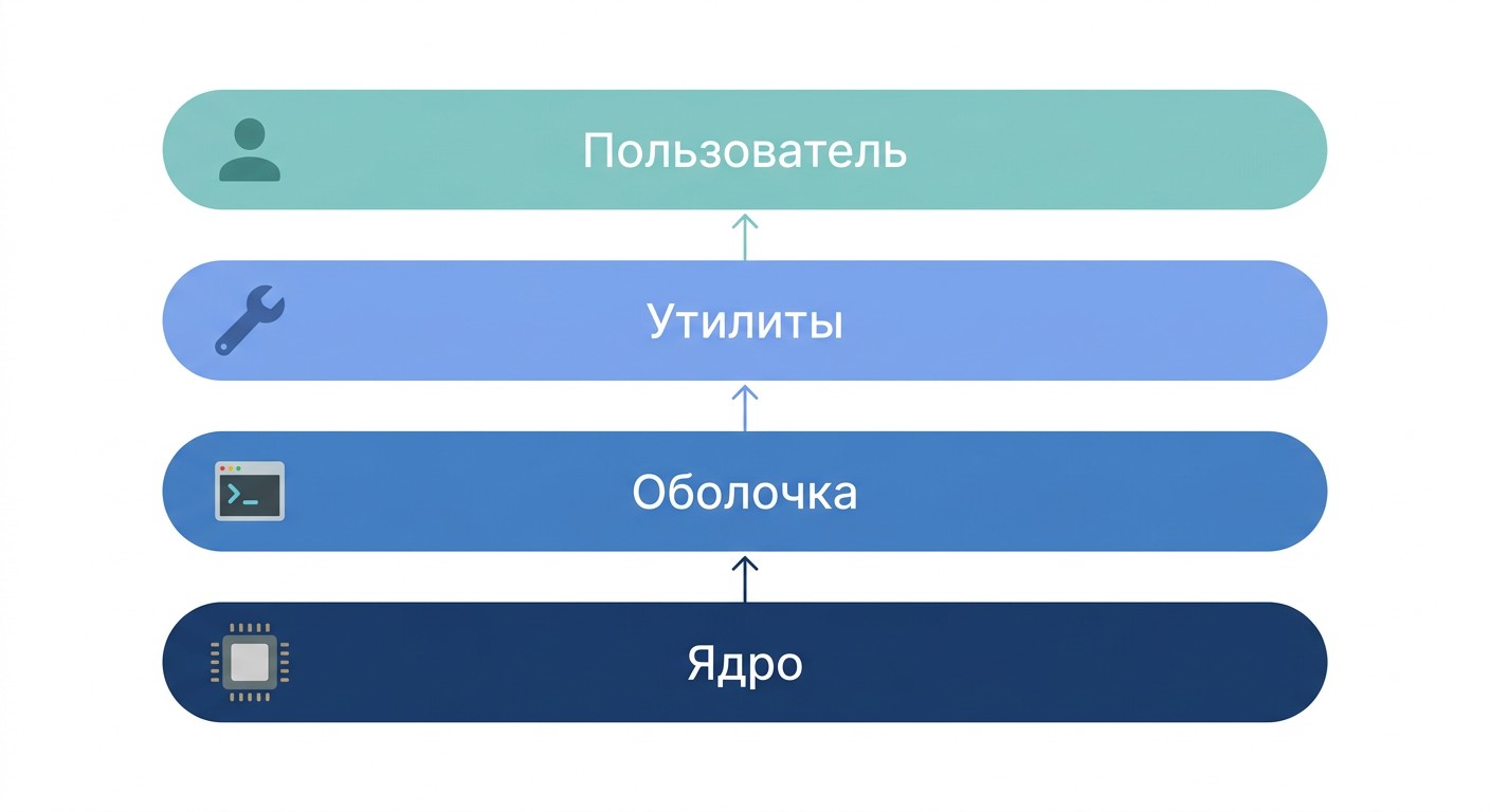 Архитектура Linux послойно: ядро, оболочка, утилиты, пользователь