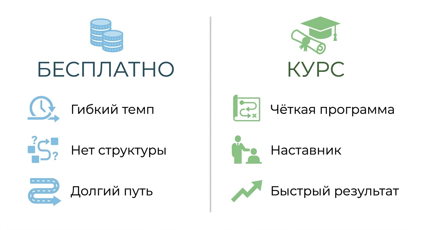 Сравнение бесплатного самообучения и структурированного курса 1С-программиста