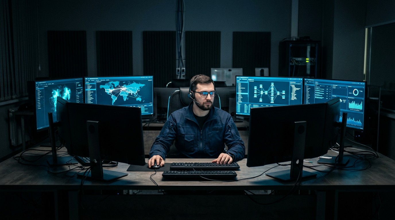 Специалист по информационной безопасности за мониторами с интерфейсом защиты