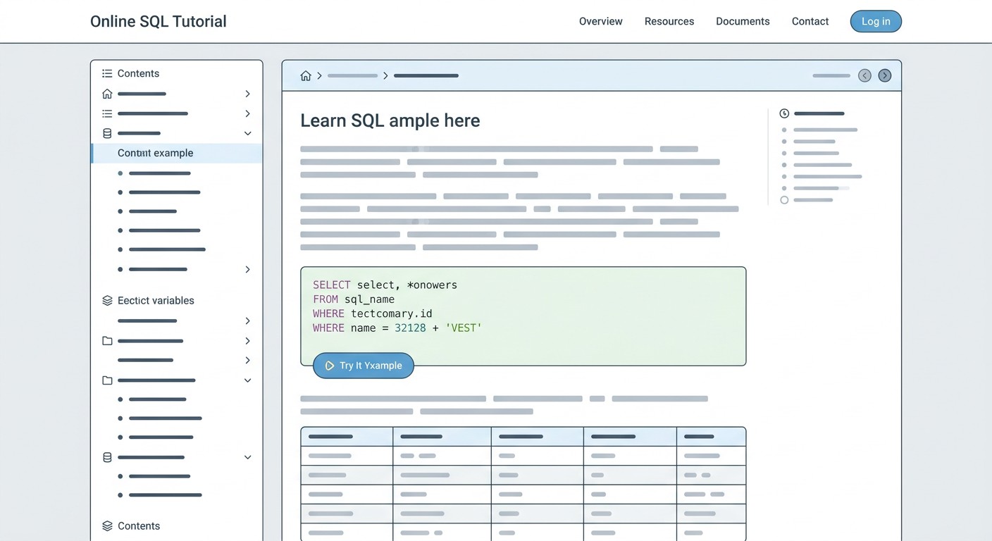 Справочник SQL с интерактивными примерами кода и боковым меню тем