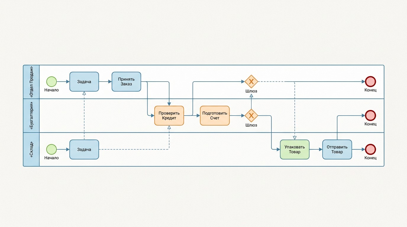 BPMN нотация — обзорная диаграмма бизнес-процесса с подписями элементов