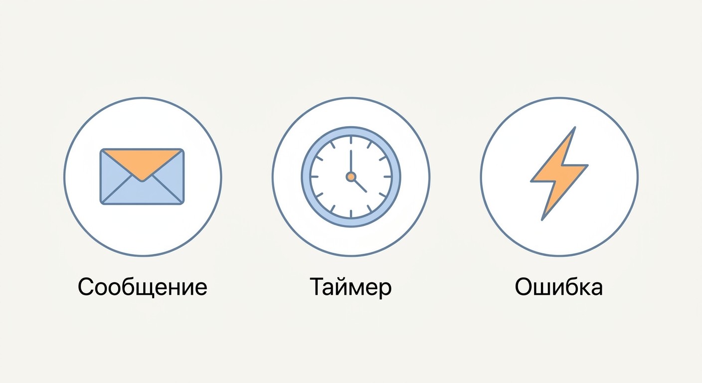 Подтипы событий BPMN — конверт, часы, молния с иконками