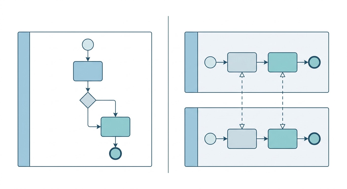 BPMN диаграмма процесса и коллаборации — сравнение двух типов