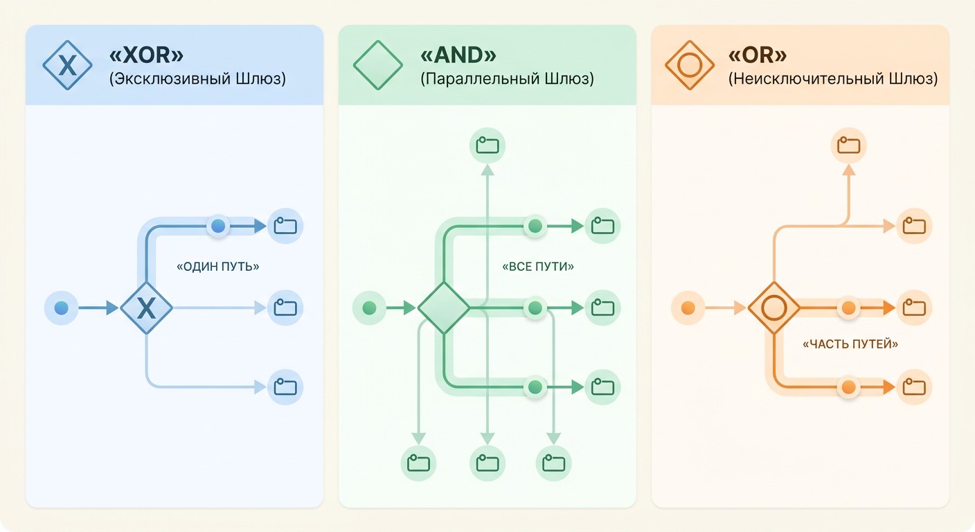 Поведение токена в шлюзах BPMN — XOR, AND, OR инфографика