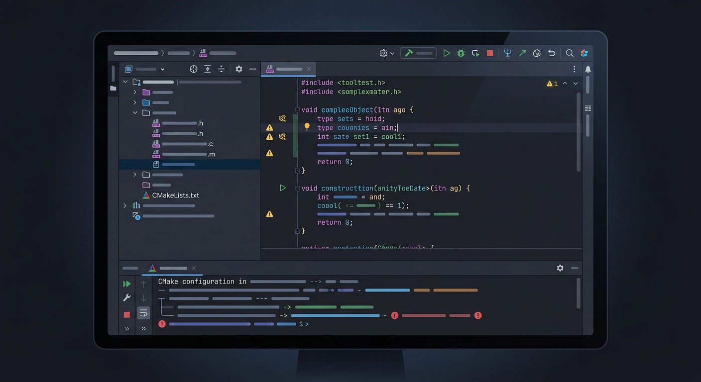 Интерфейс C++ IDE с CMake-проектом, редактором и журналом сборки