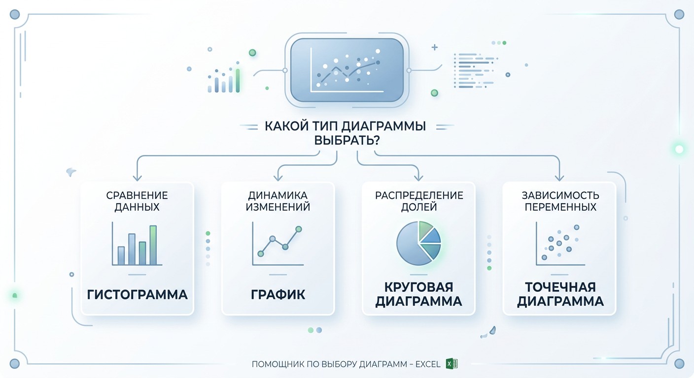 Инфографика дерево выбора типа диаграммы в Excel четыре ветки