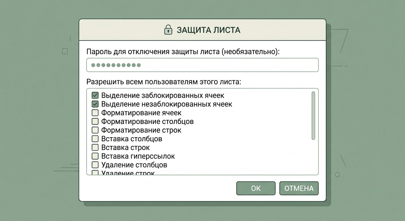 Диалог «Защита листа» Excel с чекбоксами разрешений и полем пароля