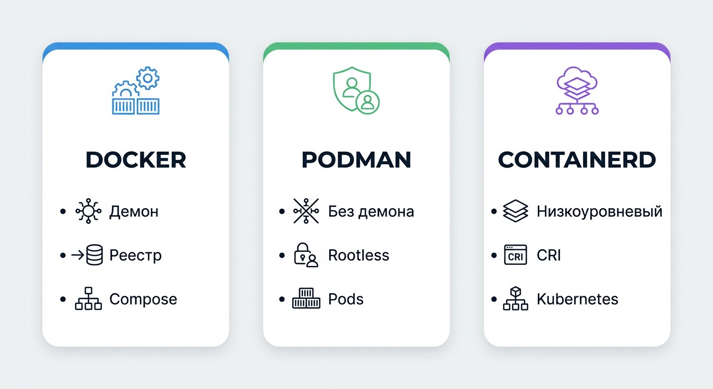 Сравнение Docker, Podman и containerd — инфографика по ключевым параметрам