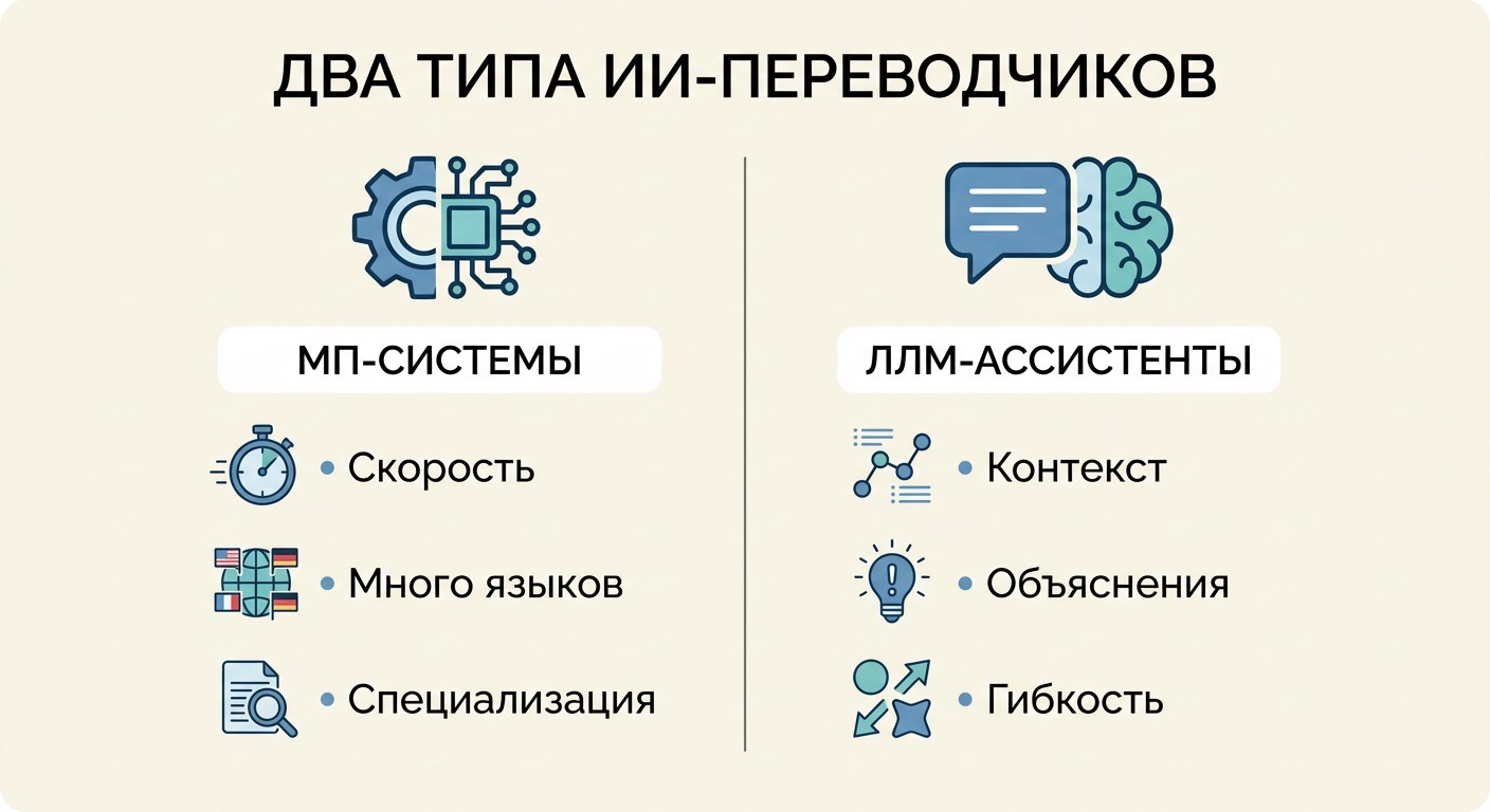 Два типа ИИ-переводчиков: МП-системы и ЛЛМ-ассистенты — схема сравнения