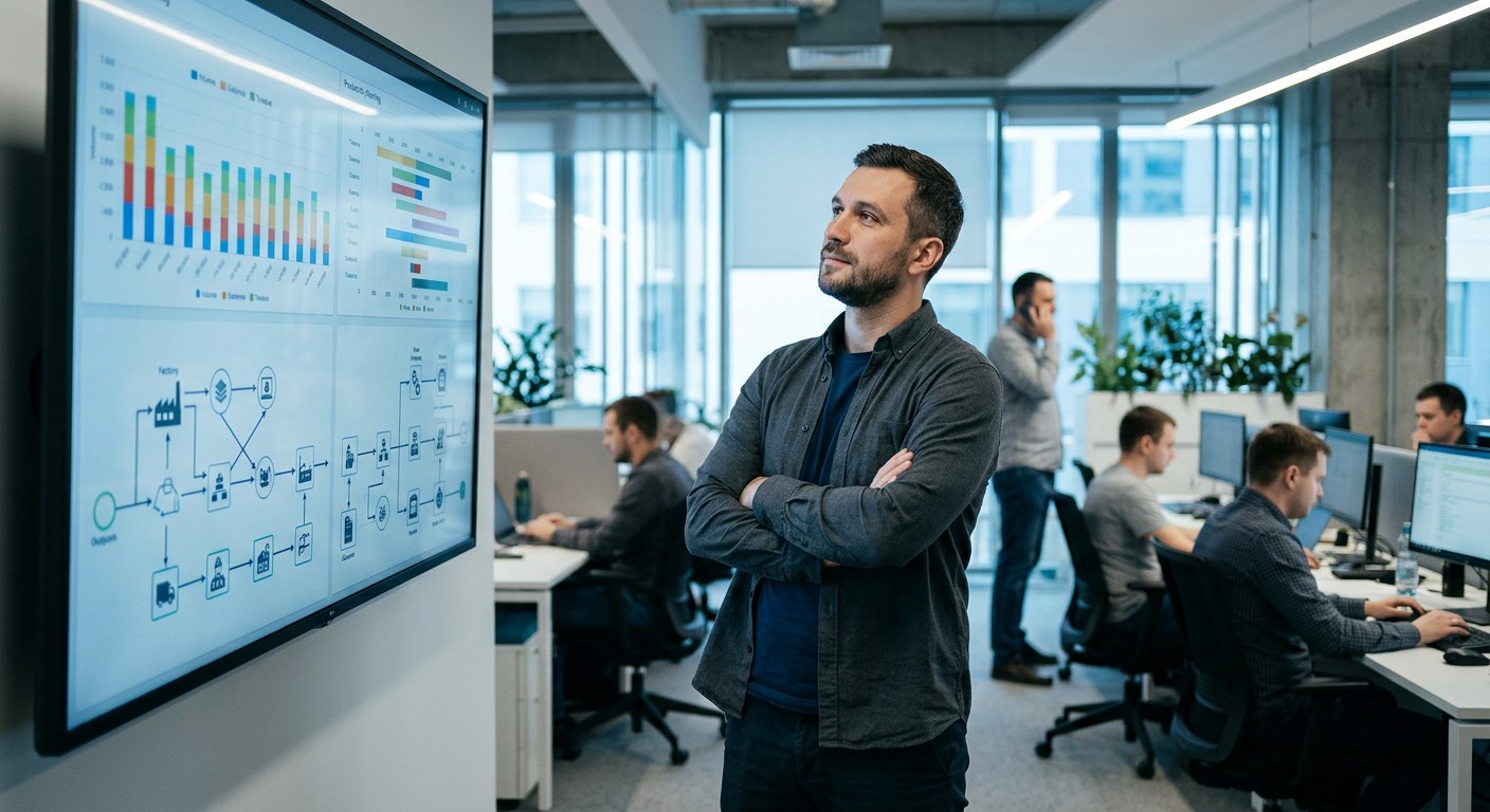 IT-специалист изучает ERP-систему 1С на предприятии