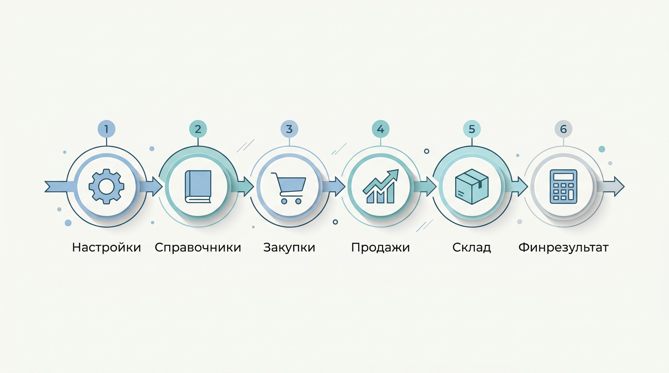 Этапы обучения на курсе по 1С:УТ — таймлайн от настроек до финрезультата