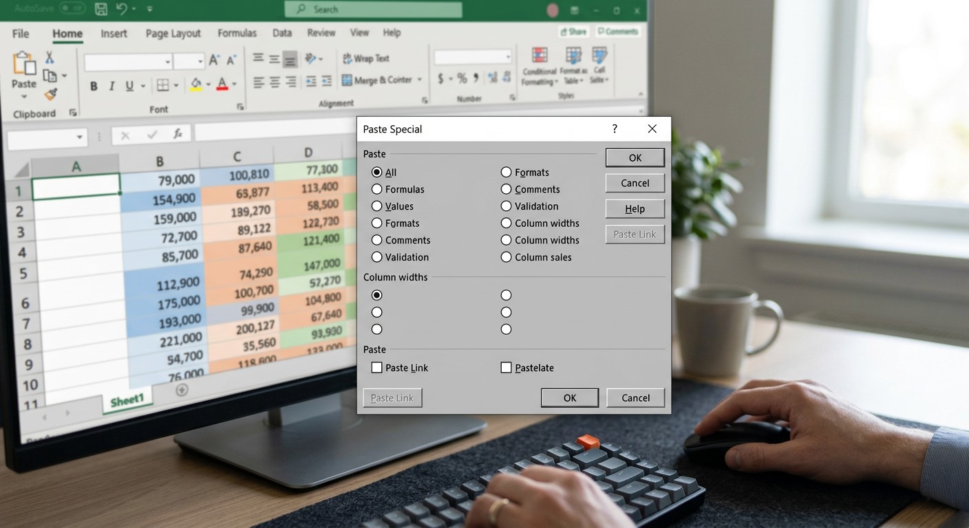 Диалог специальной вставки Excel открытый горячей клавишей Ctrl+Alt+V