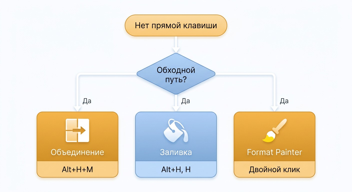 Схема обходных путей в Excel при отсутствии прямой горячей клавиши