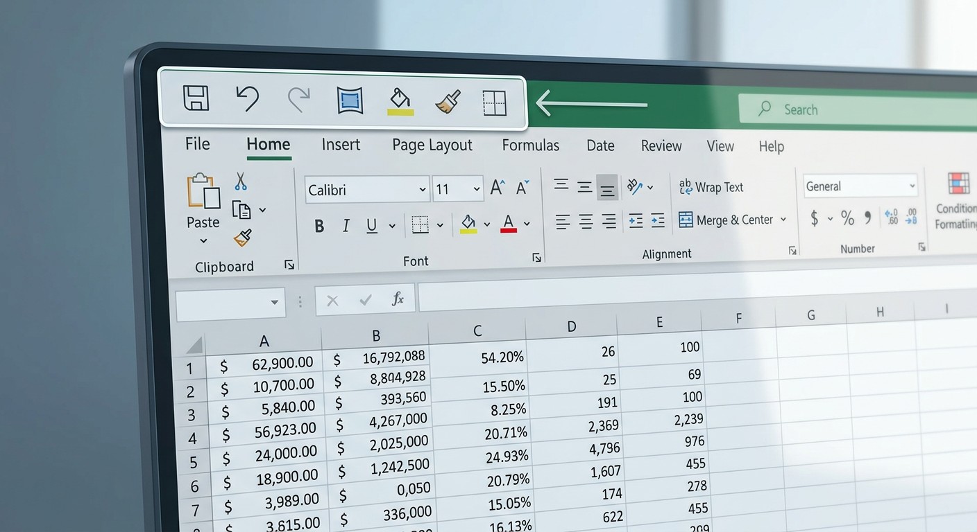 Панель быстрого доступа Excel с добавленными кнопками для частых действий