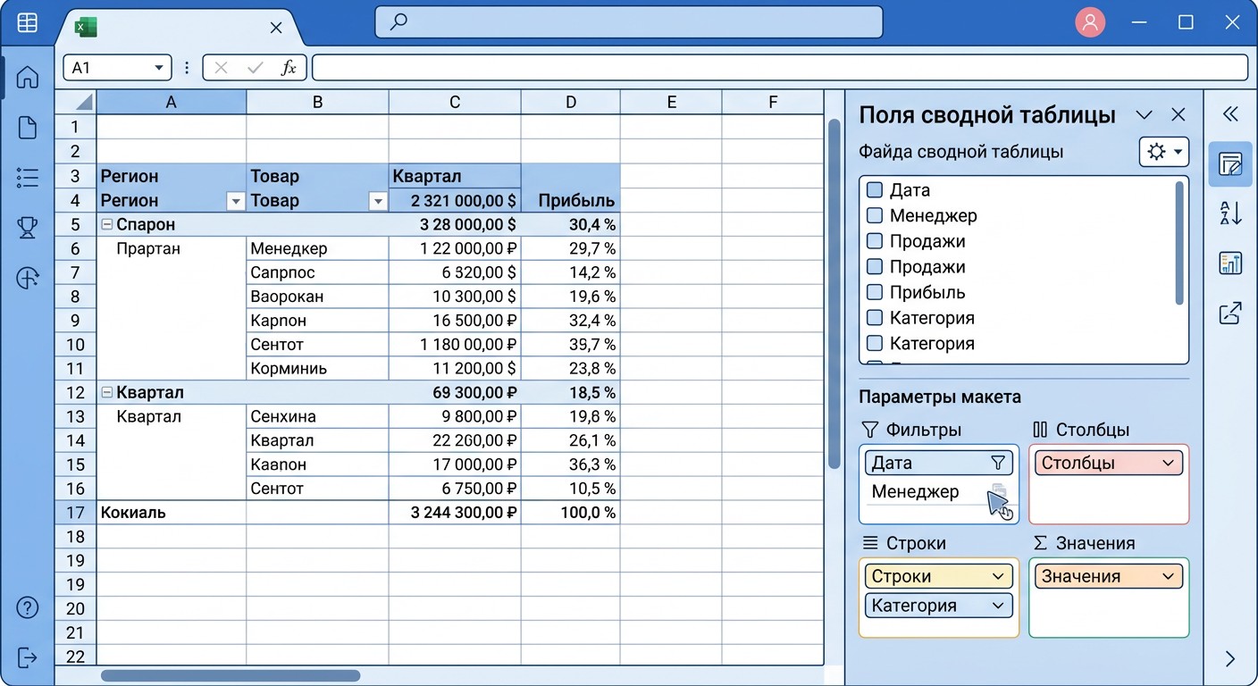 Панель полей сводной таблицы Excel — Значения, Строки, Столбцы, Фильтры