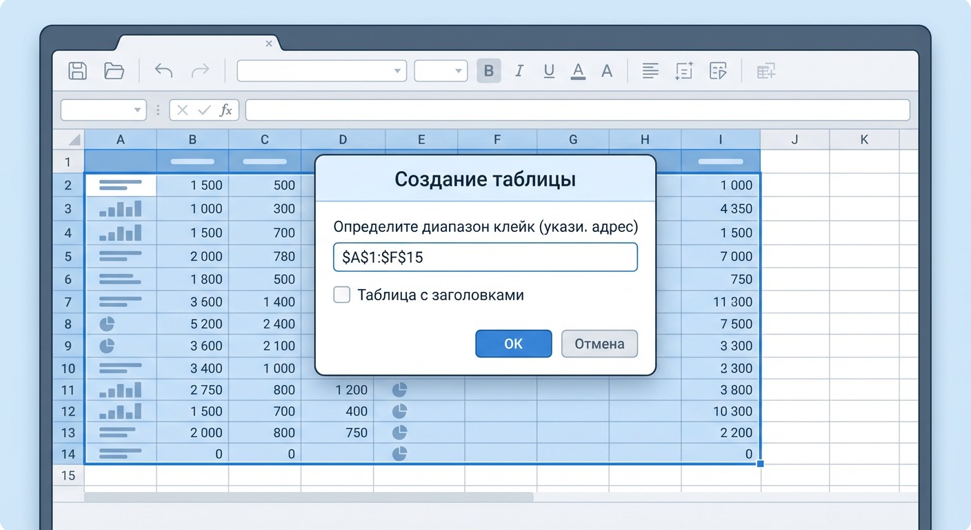 Создание умной таблицы в Excel — диалог «Таблица с заголовками»