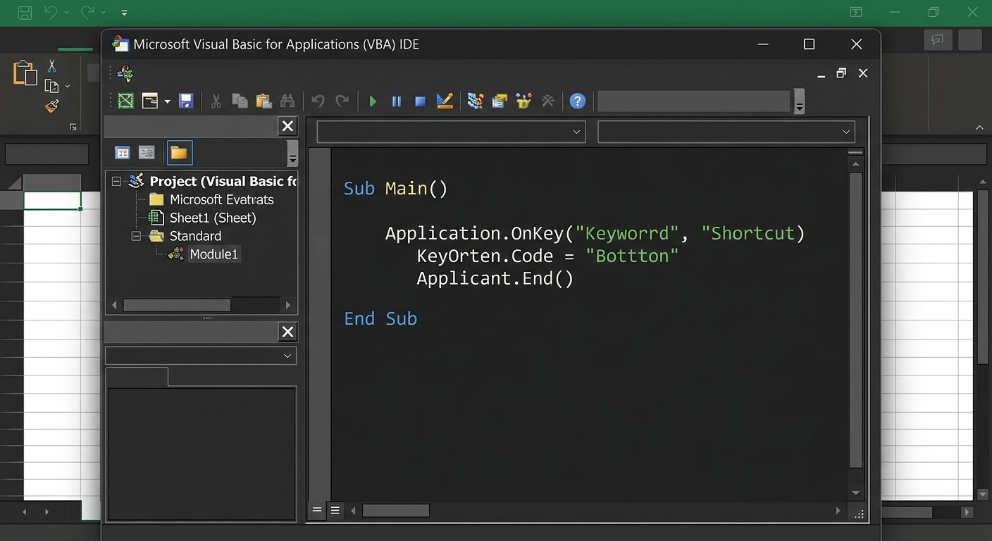 Редактор VBA в Excel с примером назначения горячей клавиши Application.OnKey