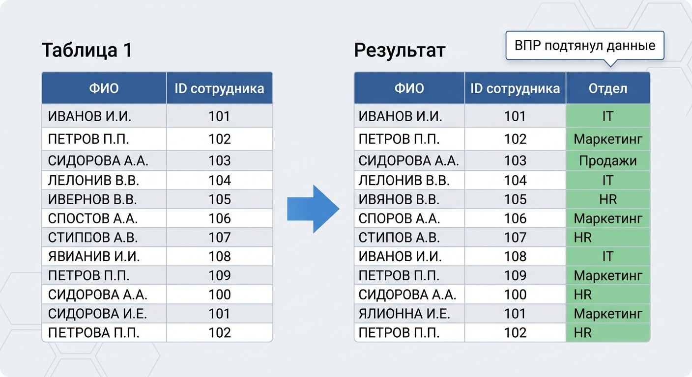 Пример работы функции ВПР в Excel — результат до и после