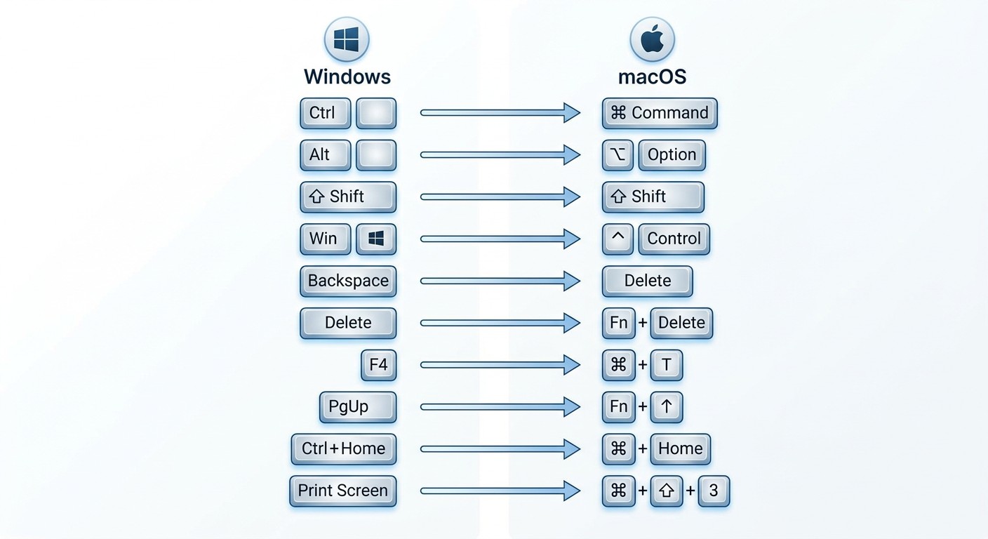 Инфографика сравнения модификаторов горячих клавиш Excel Windows и macOS
