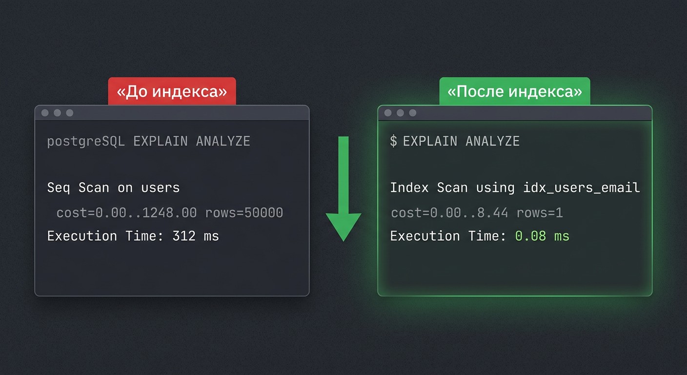 EXPLAIN ANALYZE до и после создания индекса — сравнение стоимости запроса в PostgreSQL