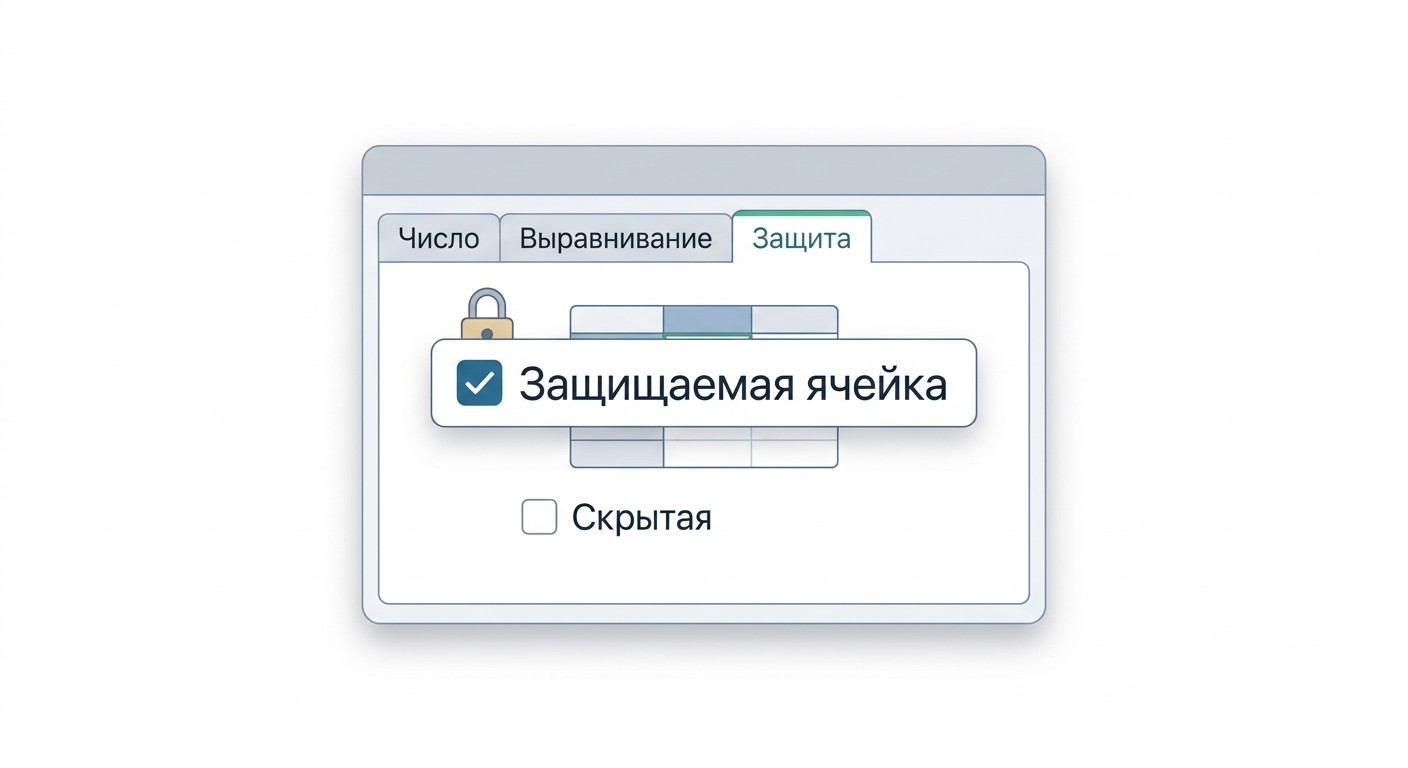 Диалог «Формат ячеек», вкладка Защита с чекбоксом «Защищаемая ячейка»