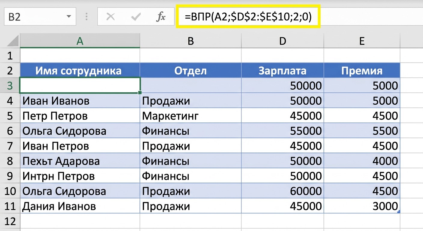 Строка формул Excel с функцией ВПР и её аргументами