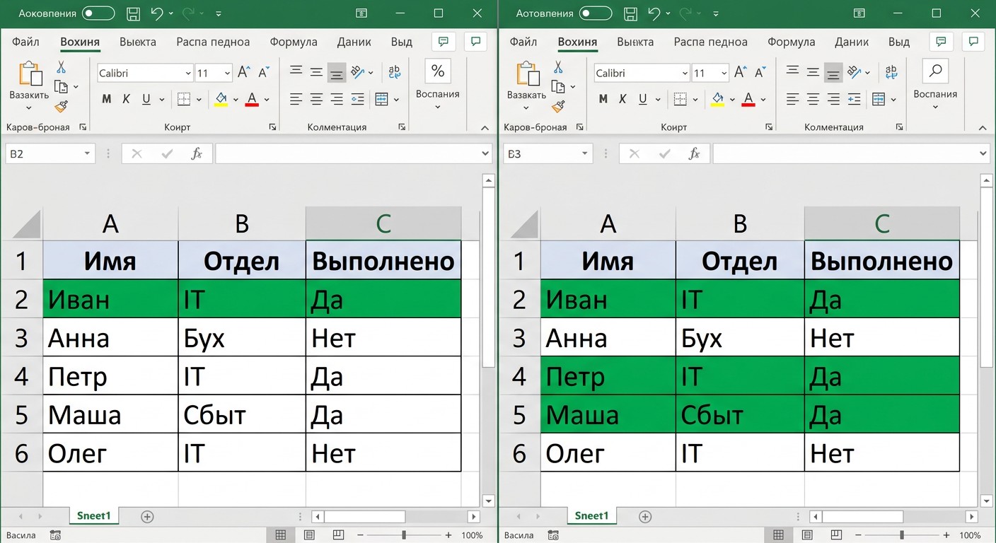 Сравнение формул условного форматирования Excel абсолютная и относительная ссылка