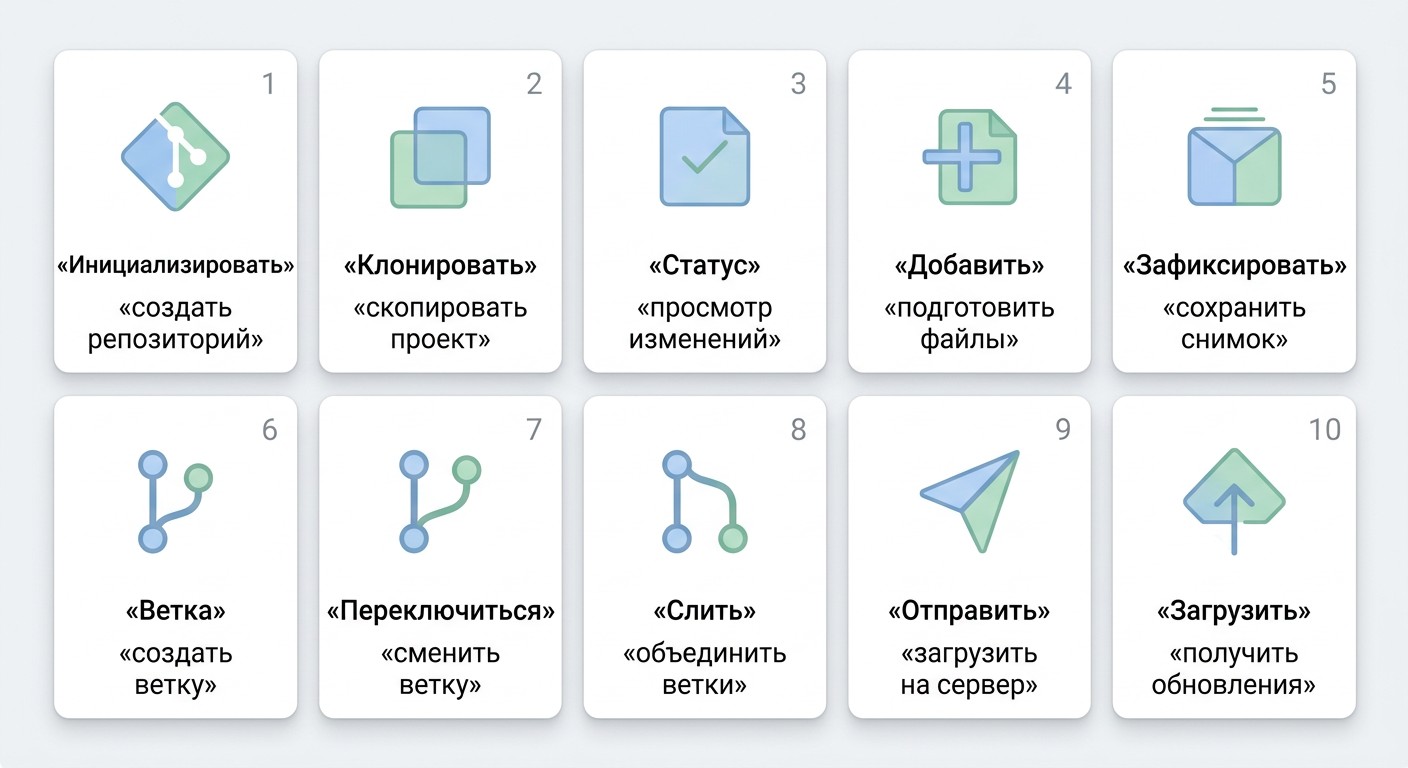 Шпаргалка по 10 основным командам Git с кратким описанием каждой
